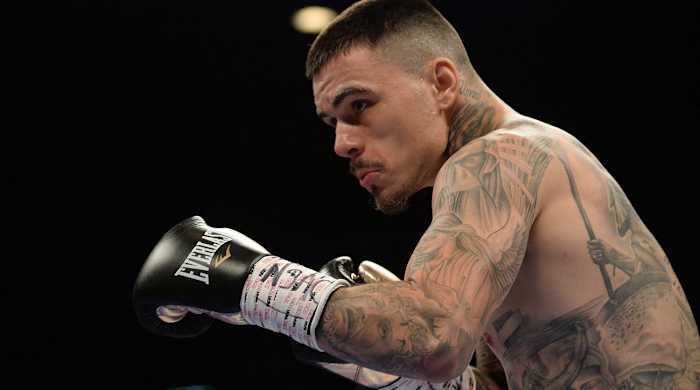 George Kambosos Jr (white/black trunks) and Rey Perez (not pictured) box during a lightweight boxing match at MGM Grand Garden Arena. Kambosos Jr won via unanimous decision.